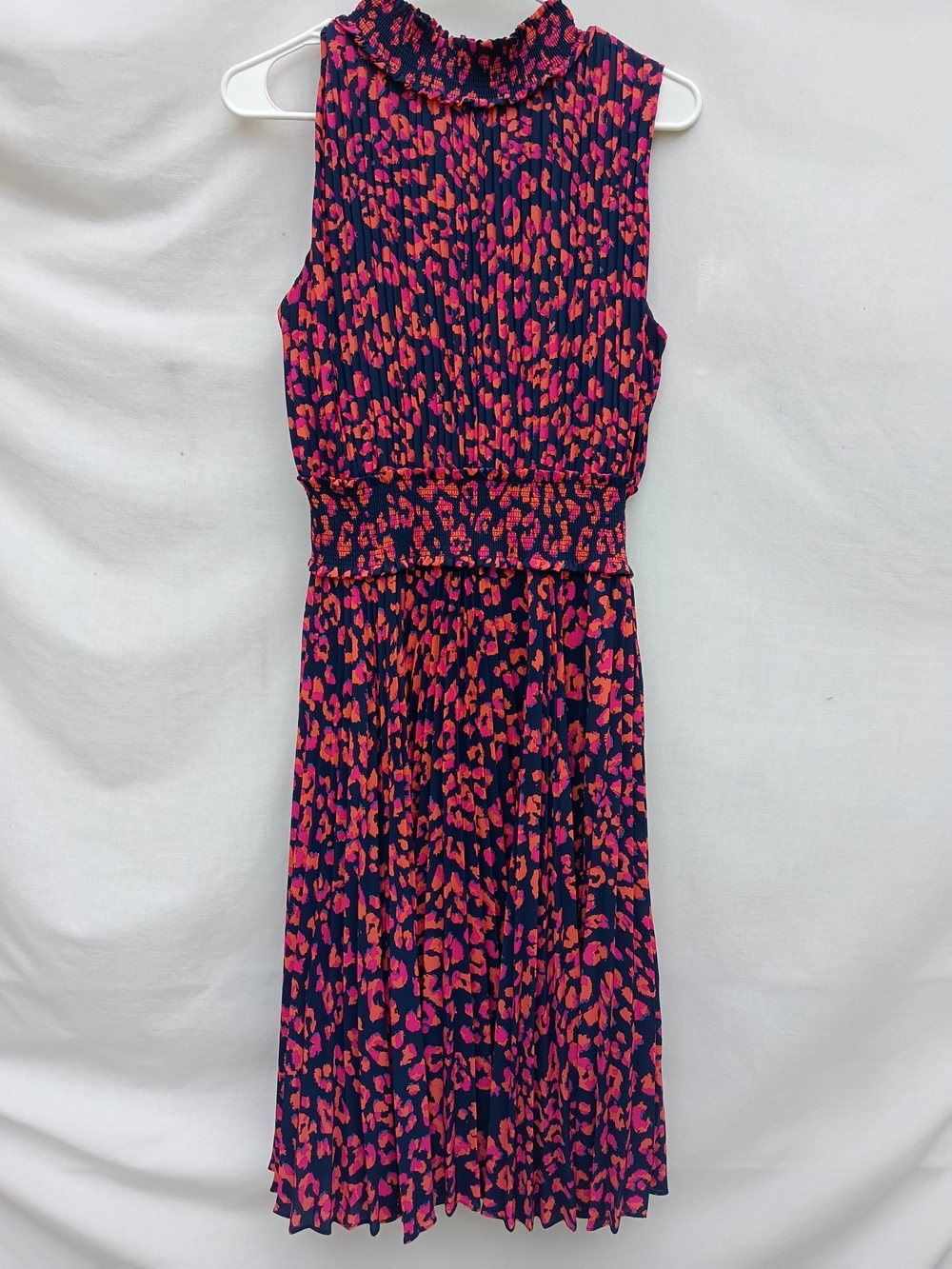 Nanette Lepore Navy Dress with Pink and Orange Leopard Print Midi Smock Neck 12